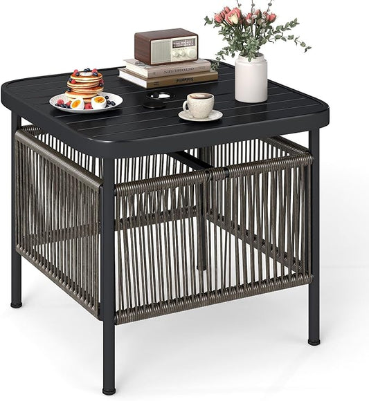 HAPPYGRILL Outdoor Side Table with Umbrella Hole 1.57”, Square Rattan Wicker Coffee Bistro End Table Umbrella Stand, for Backyard Poolside Garden (1)