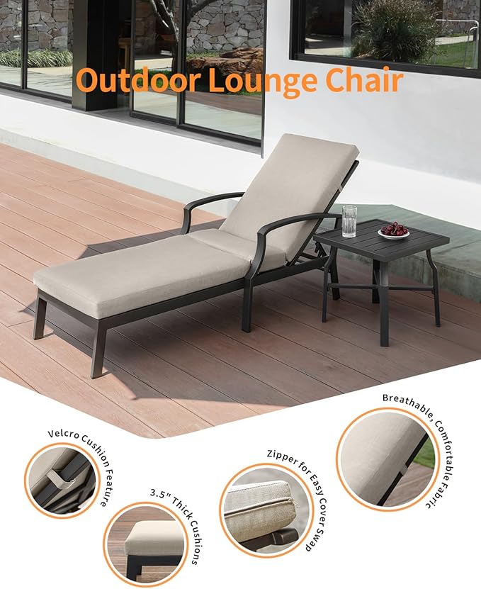 2 Pieces Lounge Chair Set, Outdoor Chaise Lounge Set, Never-Rust Aluminum Pool Lounge Set with Gray Cushion - Photo 8
