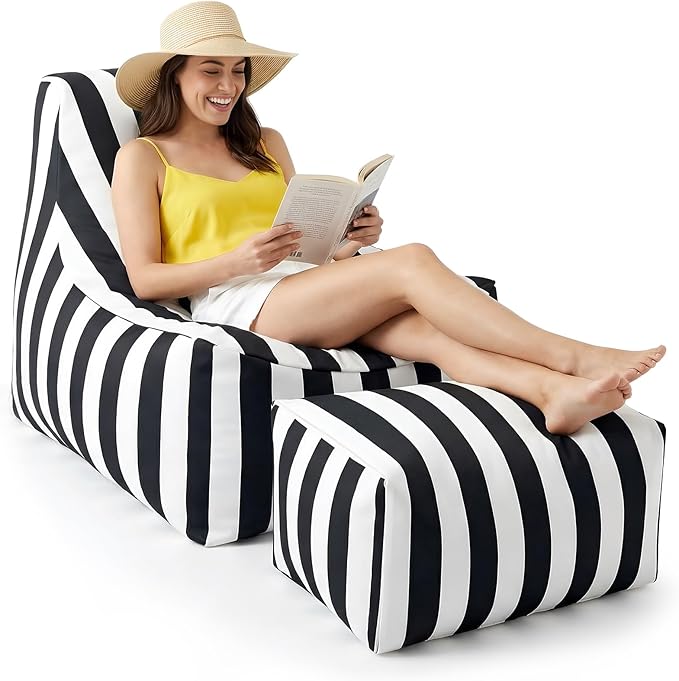 Outdoor Bean Bag Chair with Ottoman, Large Patio Lounge Chair for Adults, Thick Filled Lounger for Pool, Deck - Photo 1