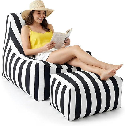 Outdoor Bean Bag Chair with Ottoman, Large Patio Lounge Chair for Adults, Thick Filled Lounger for Pool, Deck, Backyard Relaxation Seating(Black,White Stripes)