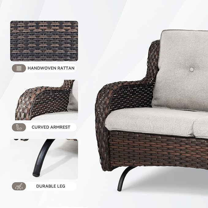 Patio Loveseat Wicker Loveseat Rattan Glider Sofa with Curved Armrest Thicking Back & Seat Cushions for Garden Balcony Backyard Brown Wicker|Beige Cushions (A) Patio Loveseat Glider