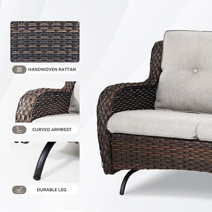 Patio Loveseat Wicker Loveseat Rattan Glider Sofa with Curved Armrest Thicking Back & Seat Cushions for Garden Balcony Backyard Brown Wicker|Beige Cushions (A) Patio Loveseat Glider