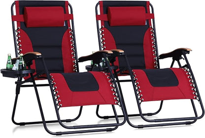 PHI VILLA XXL Oversized Padded Zero Gravity Chair Set of 2, Foldable Patio Recliner, 30" Wide Seat Anti Gravity Lounger with Armrest and Cup Holder, Support 400 LBS (Red)