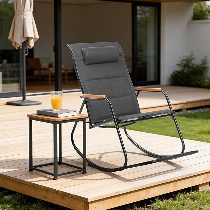 VINGLI Outdoor Rocking Chair, 450lbs Capacity Portable Outdoor Rocker with Footrest, Hard Armrests, Pillow, All Weather Porch Rocker for Garden, Living Room, Patio, Lawn (Black, with footrest)