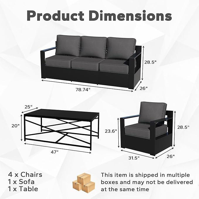 Outdoor Aluminum Furniture Set, 6-Piece Patio Conversation Set, 4 Chairs 1 Sofa and 1 Table, All-Weather Metal Frame - Photo 2
