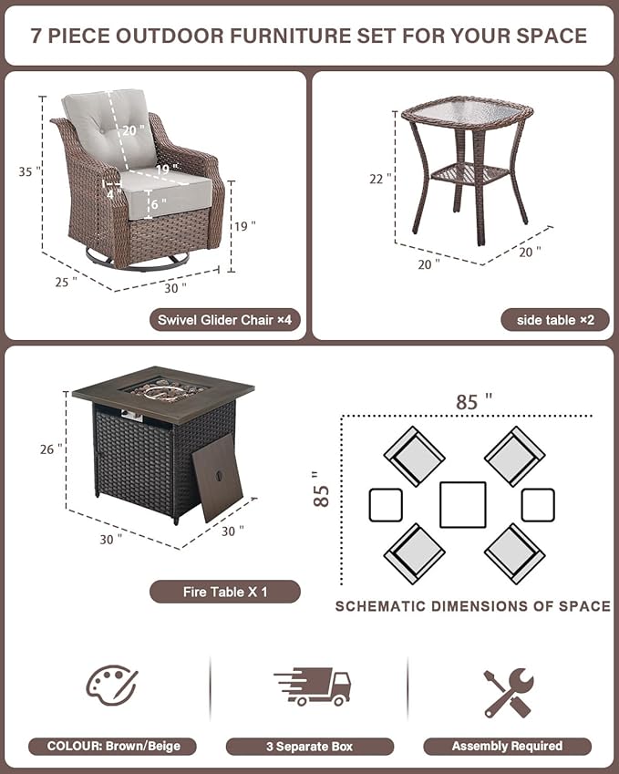 Belord Luxury Patio Furniture Set with Fire Pit Table - Outdoor Swivel Rocker Chairs Set of 4 with 30 inch Propane Fire - Photo 2