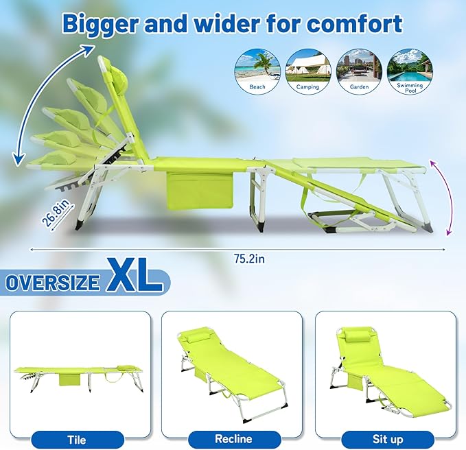 XMT 3-in-1 Tanning Chair with Face Hole for Outside, 5-Position Reclining & Head Cushion – Portable Folding Beach Lounge Chairs for Pool, Lawn, Yard (Green)