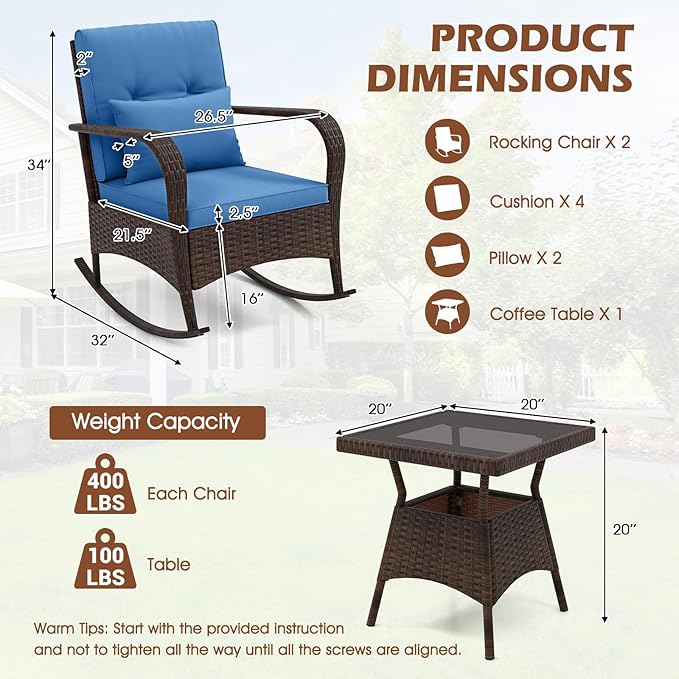 ORALNER 3 Pieces Patio Furniture Set, Outdoor Wicker Rocking Chairs with Cushions, Pillows, Glass Coffee Table, Rattan Bistro Rocker Set for Balcony Front Porch Poolside Garden Deck Yard (Navy)