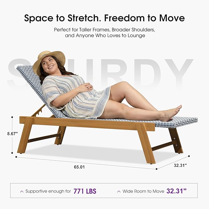 PURPLE LEAF Extra Large Patio Chaise Lounge 2 Pieces French Outdoor Wicker Lounger Matte Teak Aluminum Frame 771LBS Capacity PE Rattan Adjustable Backrest for Pool Garden Beach Backyard Navy