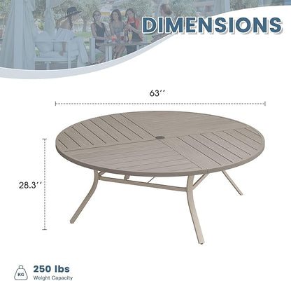 DIFY 63" Round Outdoor Patio Dining Table for 8-10, All-Weather Metal Steel Slatted Patio Table with 1.57" Adjustable Umbrella Hole for Garden, Backyard, Deck, Grey Wood-Like
