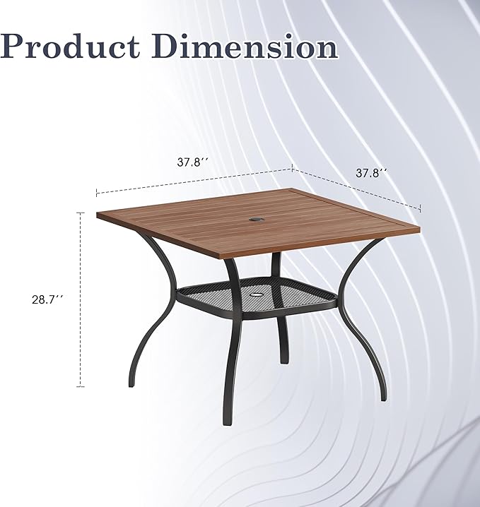 Outdoor Dining Table with Adjustable Umbrella Hole, 37.8" All-Weather Square Patio Dining Table for 4, Metal Patio Table for Garden Lawn Porch Deck Yard, Walnut