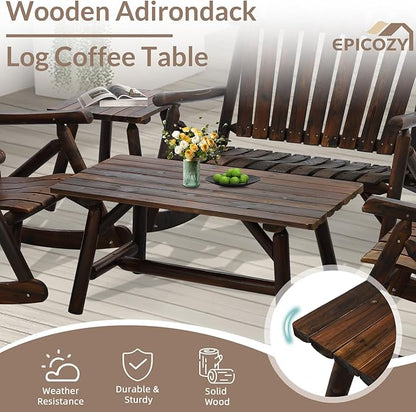 4-Piece Outdoor Wood Rocking Bistro Set, Rustic Wooden Conversation Set Including 2-Seater Loveseat, 2 Coffee Table, Log Rocker Chair, Patio Furniture Chair Set for Lawn Yard, Carbonized