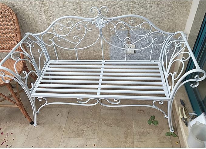 Park Bench Patio Garden Bench Backyard Benches, Metal Garden Bench Seat Park Chair Patio Decoration Furniture, Beautiful Shabby Vintage Outdoor Bench with Backrest (Color : White)
