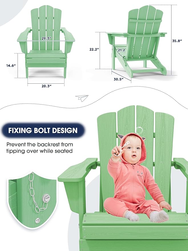 KINGYES Folding Adirondack Chair, HDPE All-Weather Patio Chairs, Wooden Textured Lawn Chair for Poolside, Backyard, Deck, Fire Pit, Light Green