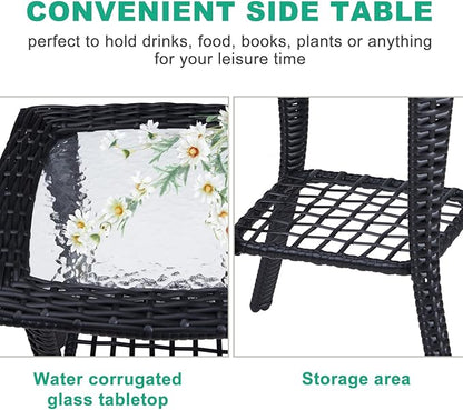 Outdoor Wicker Side Table, Rattan End Table with Glass Top, Patio Coffee Bistro Table for Indoor Garden Porch Balcony (Black)