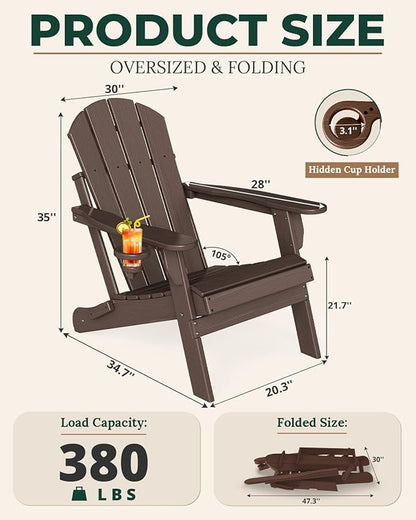 BRIOPAWS Folding-Adirondack-Chairs Set of 4 | HDPE | Brown Wood Grain | Fire Pit Chair | Cup Holder | Weather Resistance | for Outdoor Backyard Deck Patio