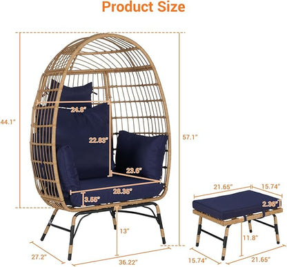 Oversized Wicker Egg Chair with Ottoman, Rattan Patio Egg Chair with Stand and Thick Cushions, Indoor Outdoor Lounge Chair for Backyard, Balcony, Living Room, Blue＋Ottoman