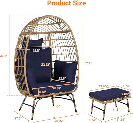 Oversized Wicker Egg Chair with Ottoman, Rattan Patio Egg Chair with Stand and Thick Cushions, Indoor Outdoor Lounge Chair for Backyard, Balcony, Living Room, Blue＋Ottoman