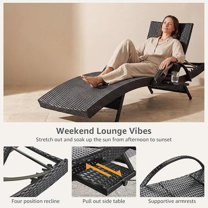 Set of 2 Black Outdoor Chaise Lounge Chairs, Wicker Patio Lounge Chairs with Adjustable Backrest and Armrests, Durable PE Rattan Pool Chair for Patio, Poolside and Garden