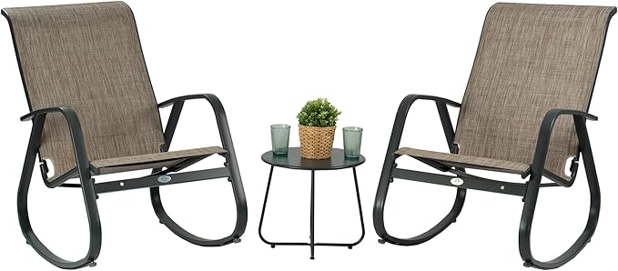 Kozyard Outdoor Patio Rocking Sling Chair, Powder Coated Aluminum Frame, Weather Resistant and Breathable Mesh Fabric for Patio, Porch, Yard, Garden (Beige, 2Chairs + Table)
