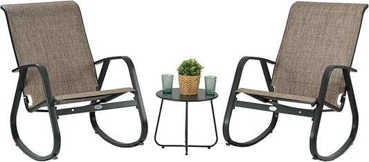 Kozyard Outdoor Patio Rocking Sling Chair, Powder Coated Aluminum Frame, Weather Resistant and Breathable Mesh Fabric for Patio, Porch, Yard, Garden (Beige, 2Chairs + Table)