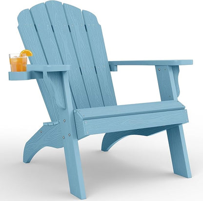YEFU Oversized Plastic Adirondack Chair with Cup-Holder (Large Dual-Purpose), Weather Resistant, Poly Lumber Outdoor Chairs Duty Rating Widely Used in Patio, Lawn, Outside, Deck, Garden Chairs-Blue