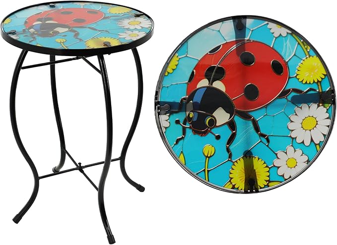 Small Side Table with Metal Frame, 10.5" Round Side Tables with Seven-Spotted Ladybug Pattern, Outdoor Table for Balcony - Photo 1