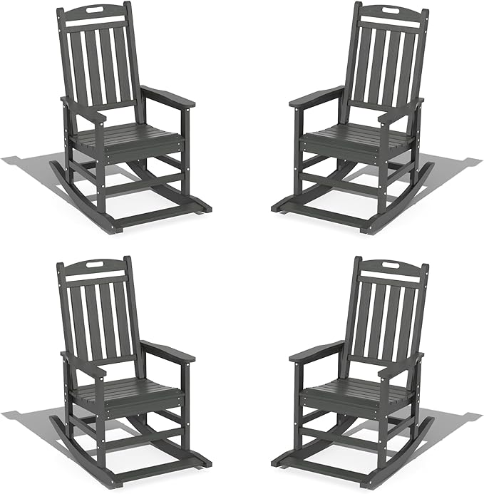LOUNZY Outdoor Rocking Chair with Footboards Set of 4, HDPE Rocking Chair Patio Porch Rocker with 380lbs Support for Adult, Grey