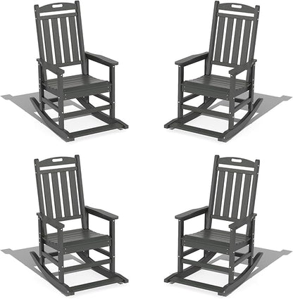 LOUNZY Outdoor Rocking Chair with Footboards Set of 4, HDPE Rocking Chair Patio Porch Rocker with 380lbs Support for Adult, Grey