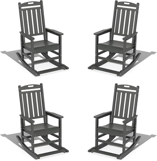 LOUNZY Outdoor Rocking Chair with Footboards Set of 4, HDPE Rocking Chair Patio Porch Rocker with 380lbs Support for Adult, Grey