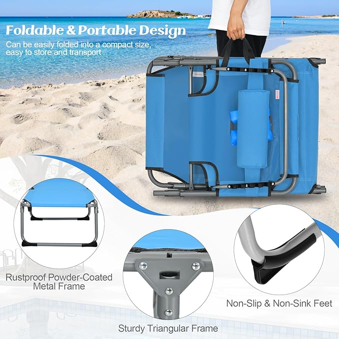 GYMAX Tanning Chair, Beach Lounge Chair with Face Hole, 5 Level Adjustable Backrest, Removable Pillow & Carry Handle - Photo 8
