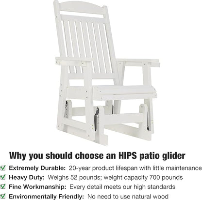 Poly Lumber Patio Glider for One Person, with Cup Holders, High Backrest and Deep Contoured Seat, HIPS Material, All-Weather Resistant, Heavy Duty 700 LBS (Ivory White)