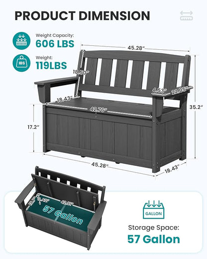SERWALL HDPE Outdoor Storage Bench, All-Weather, UV-Resistant Deck Box with Waterproof Storage Bags, 57 Gallon Dual-Use Seat & Organizer Deck Boxes for Patio, Garden Tools & Pool (Gray)