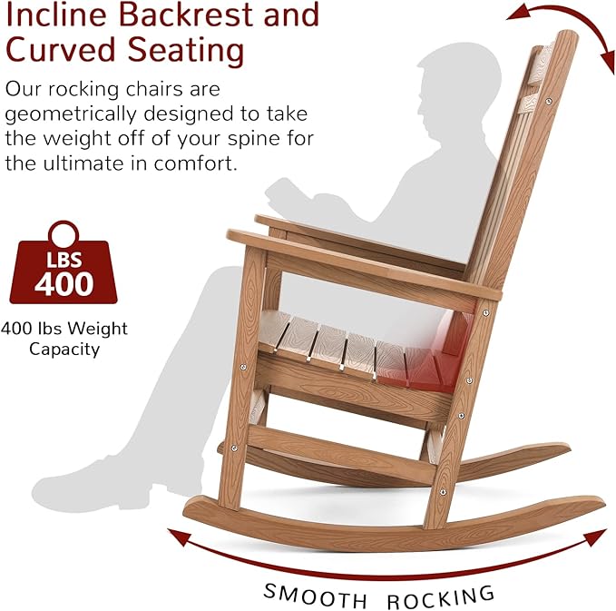 Stoog 3-Piece Patio Bistro Set, All-Weather Rocking Chairs Set of 2 with Table, Never Rot or Fade, Rocking Chairs for Porch, Backyard, Lawn, Garden and Indoor, Teak