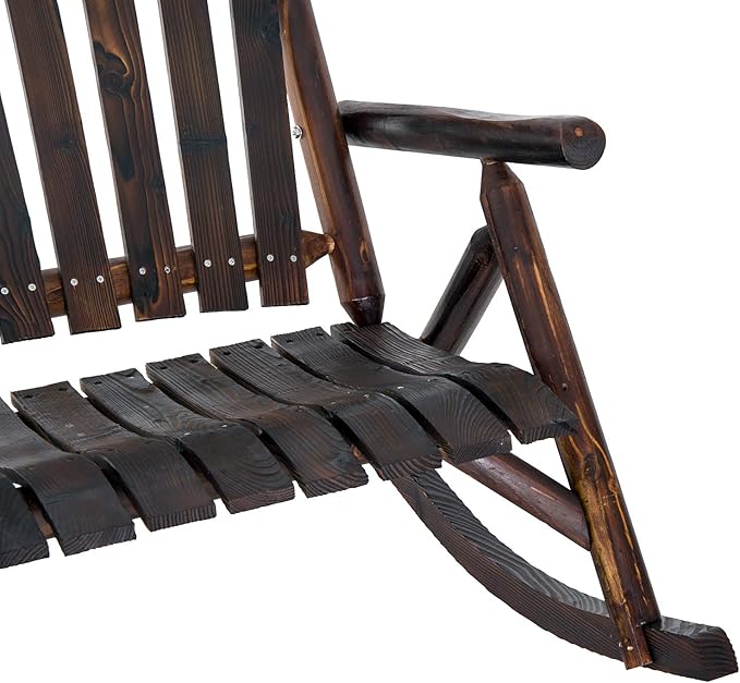 Outsunny Outdoor Wooden Rocking Chair, Double-Person Rustic Adirondack Rocker with Slatted Seat, High Backrest, Armrests for Patio, Garden and Porch, Carbonized