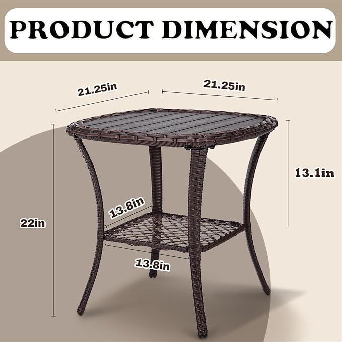 Outdoor Patio Side Table Small Brown Wicker Rattan End Table for Outside Storage Coffee Table with Poly Lumber Table - Photo 2