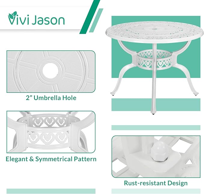 VIVIJASON 38.5" Patio Bistro Table Outdoor Dining Round Table White Cast Aluminum Table with Umbrella Hole