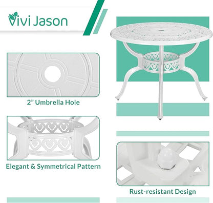 VIVIJASON 38.5" Patio Bistro Table Outdoor Dining Round Table White Cast Aluminum Table with Umbrella Hole