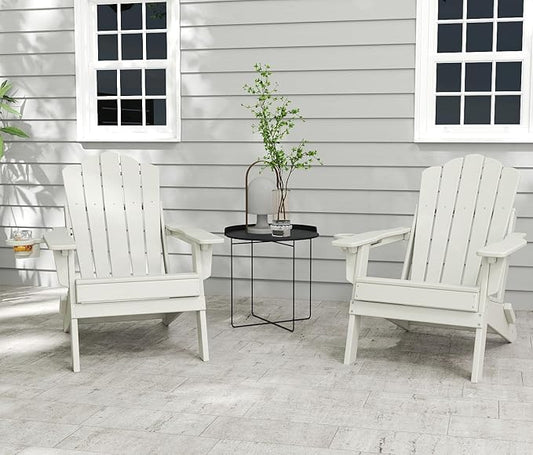 FOOWIN HDPE Adjustable Adirondack Chair Set of 4, 400lbs Heavy Duty Folding Patio Chairs with Cup Holder, 3-Position Reclining Fire Pit Seating, All-Weather Poly Lumber for Backyard, Deck - White