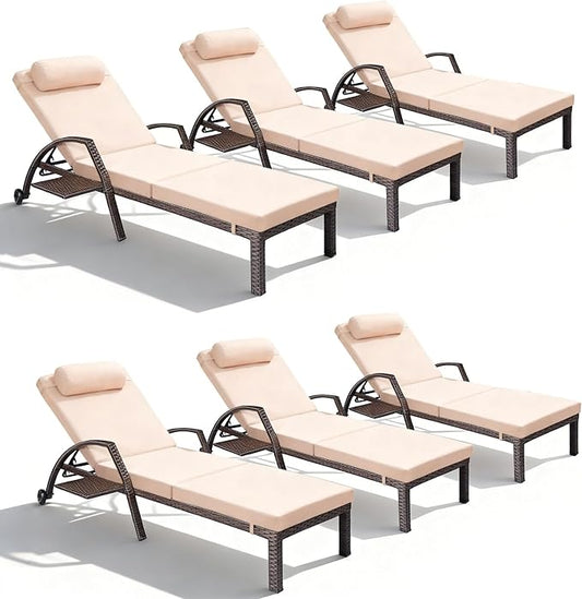 Patio Chaise Lounge Chairs Set of 6 Wicker Pool Lounge Chairs Outdoor with 5 Adjustable Back & Removable Cushion & Tray Tanning Chair Sun Loungers for Patio Poolside Deck Beach