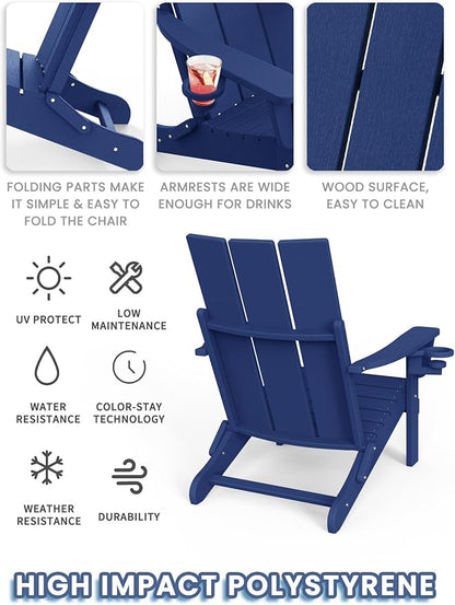 Adirondack Chair with Cup Holder Set of 4, Folding Outdoor Lawn Chair, HDPE Plastic Fire Pit Chair, Weather Resistant Patio Chairs for Deck, Porch, Backyard, Garden, Navy Blue