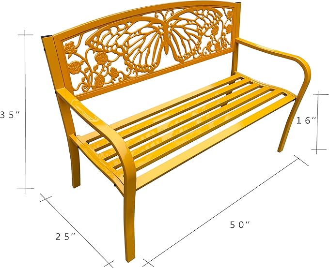 Hi-Line Gift Ltd 50" Outdoor Metal Garden Bench with Butterfly Design Backrest - Yellow