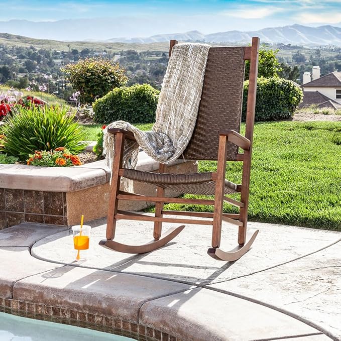 Shine Company Hampton Porch Rocker, High Back Wood Rocking Chair, Rattan Backrest & Seat, Oak
