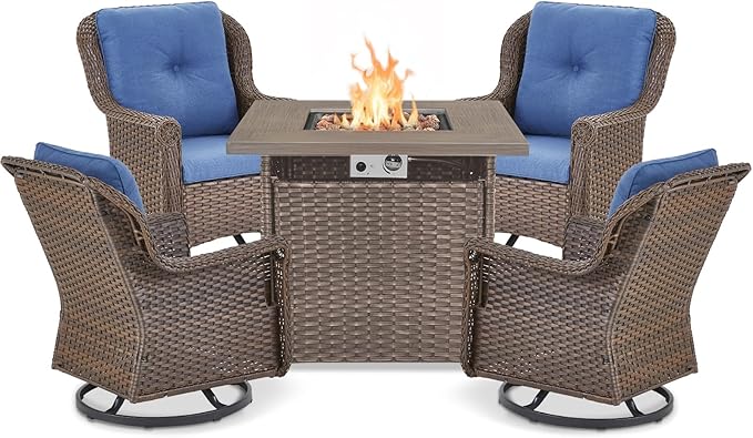 Outdoor Patio Swivel Gliders with Fire Pit Table 5 Piece Set - High Back Brown Wicker Rattan Rocking Chair with Thick Cushion for Porch Apartment Deck Yard Poolside Garden - Navy Blue