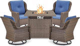 Outdoor Patio Swivel Gliders with Fire Pit Table 5 Piece Set - High Back Brown Wicker Rattan Rocking Chair with Thick - Photo 1