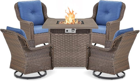 Outdoor Patio Swivel Gliders with Fire Pit Table 5 Piece Set - High Back Brown Wicker Rattan Rocking Chair with Thick Cushion for Porch Apartment Deck Yard Poolside Garden - Navy Blue