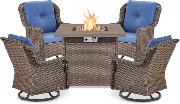 Outdoor Patio Swivel Gliders with Fire Pit Table 5 Piece Set - High Back Brown Wicker Rattan Rocking Chair with Thick - Photo 1