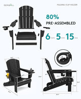 SERWALL HDPE Folding Adirondack Chair with Dual Cup Holder - Composite Adirondack Chair Set of 8- Black - Photo 4