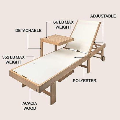 JONATHAN Y Trabuco Coastal Modern Acacia Wood Mesh 5-Position Outdoor Foldable Chaise Lounge Set with Side Table, White/Light Teak