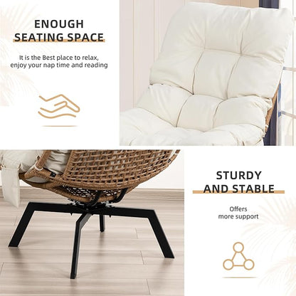 Vongrasig Swivel Wicker Chair PE Rattan Chair with Cushion, Oversized Patio Lounge Chair for Outdoor, Indoor, Balcony, Backyard, Garden, Living Room, Beige